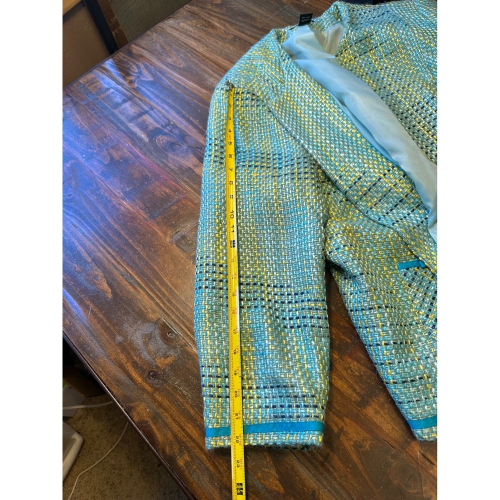 Maggie Barnes Petite‎ 22WP Tweed Open Front Jacket Turquoise Yellow Mermaidcote - Picture 12 of 12